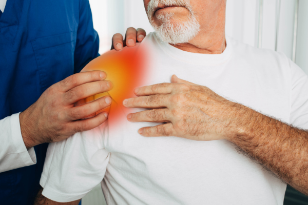 Orthopaedic surgeon educating patient on shoulder glenoid wear