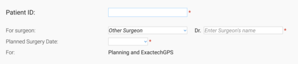 Exactech AI One Active Intelligence Surgeon and Rep Portal Patient ID And Surgeon Information panel for CT upload